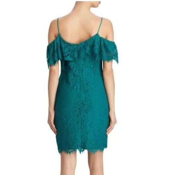 Ralph Lauren Lace Ruffle Off Cold Shoulder Dress Emerald Green Knee Length Party - Picture 2 of 14